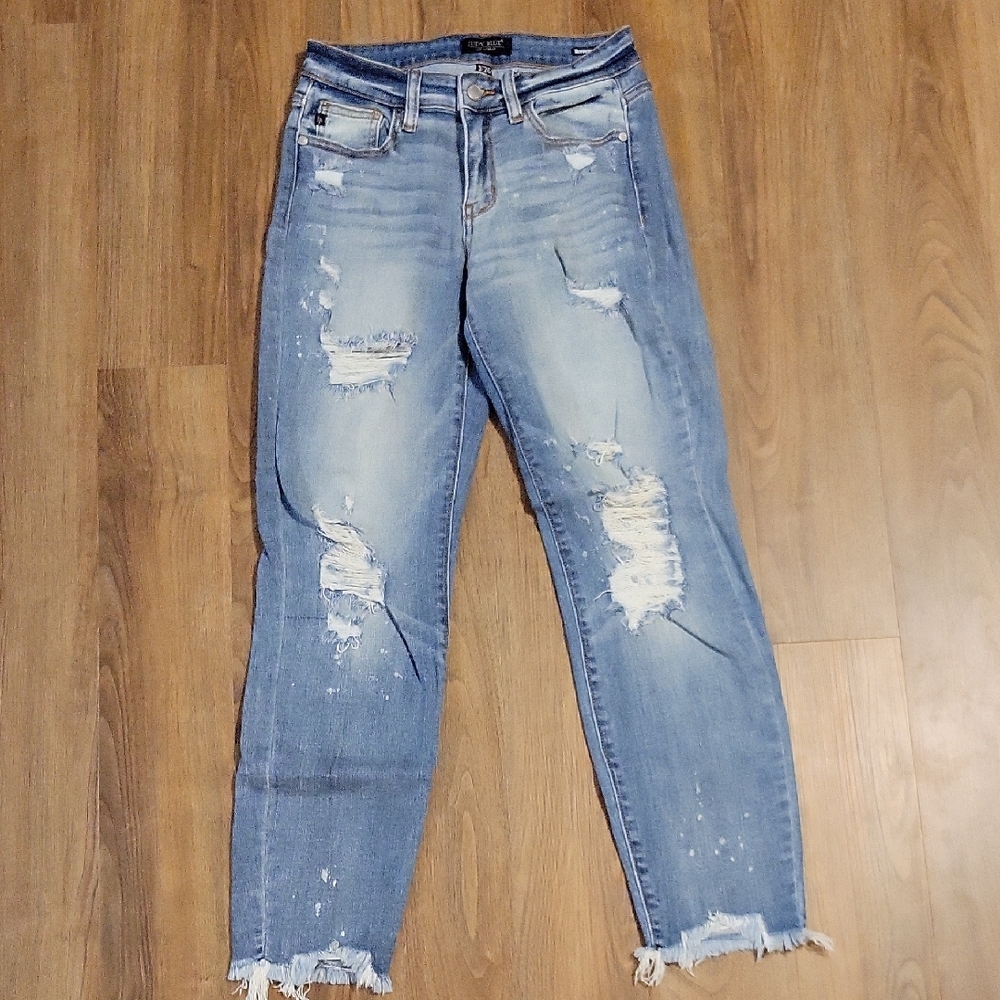 Judy Blue Boyfriend Jeans in Classic Blue with Modern Distressing